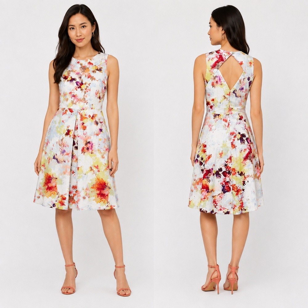 Hunter Bell New York Pixelated Floral Fit and Flare Dress White Multi Size 6